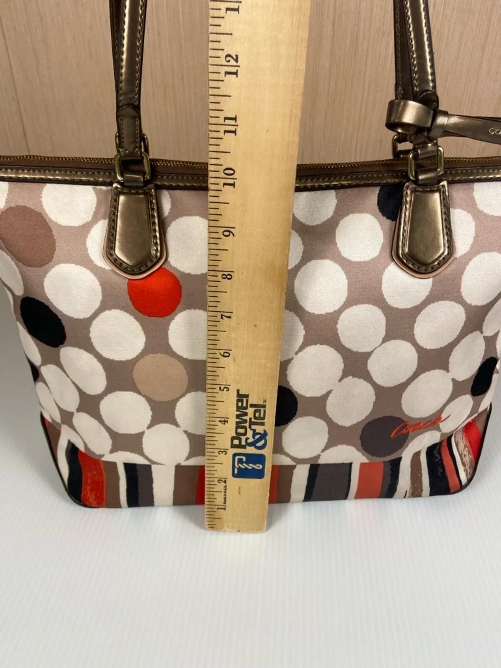 Coach Polka Dot Stripe Tote Satin Scarf Print Leather Trim Red Lining Rare